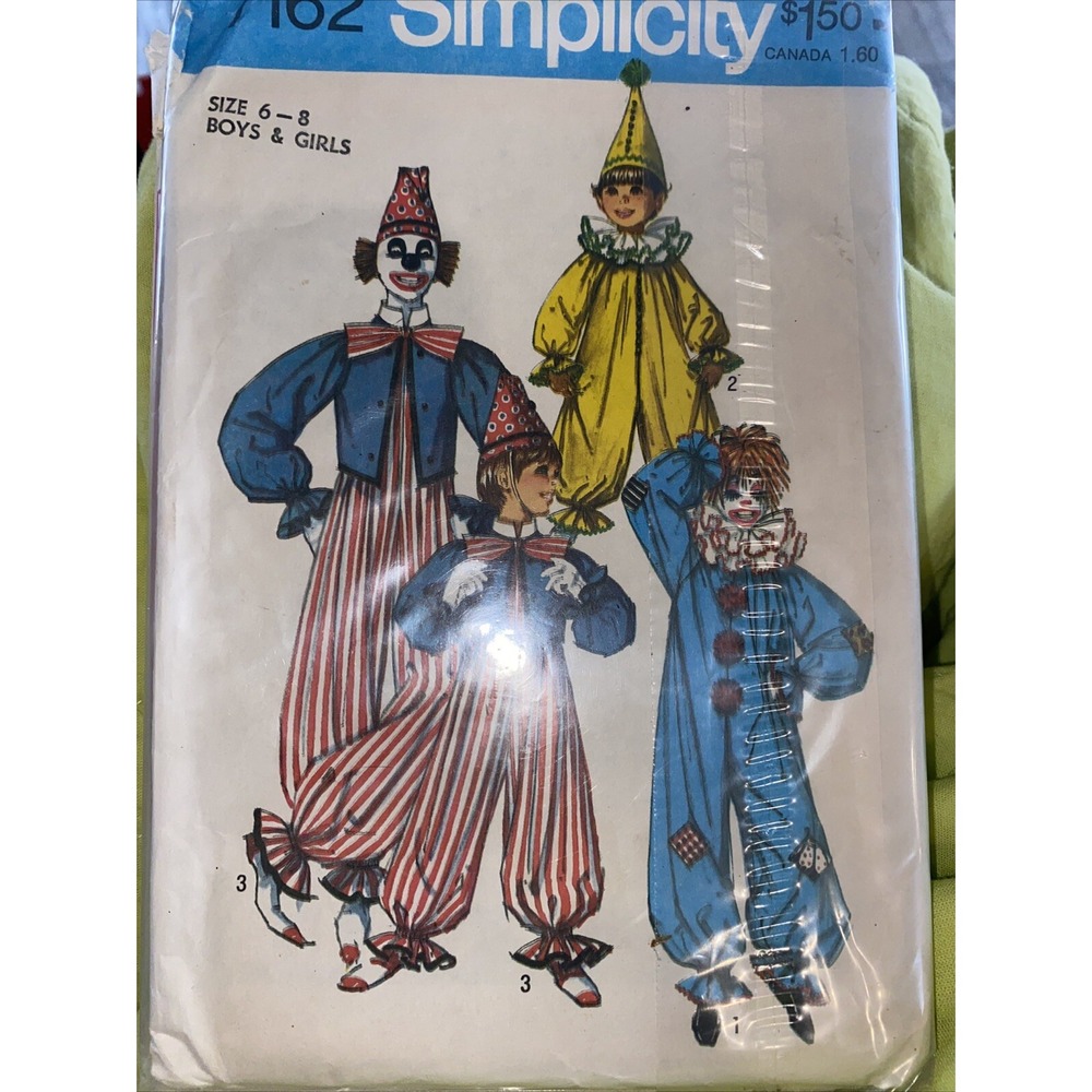 Simplicity 7162 Vintage Clown Costume Sewing Pattern Kids Boys Girls Size 6-8
